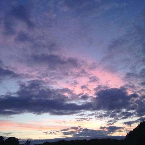 the sky is purple and blue with clouds