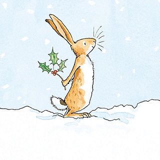 a drawing of a rabbit holding a holly berry in the snow with its mouth open