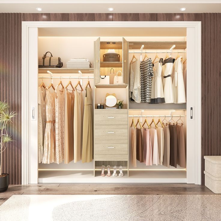 an open closet with clothes and handbags on the shelves, in front of a potted plant