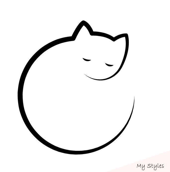 a black and white drawing of a cat sleeping on top of a round object with its eyes closed