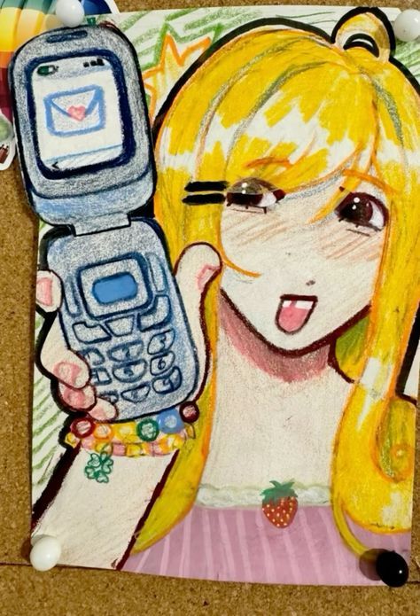 a drawing of a girl holding a cell phone