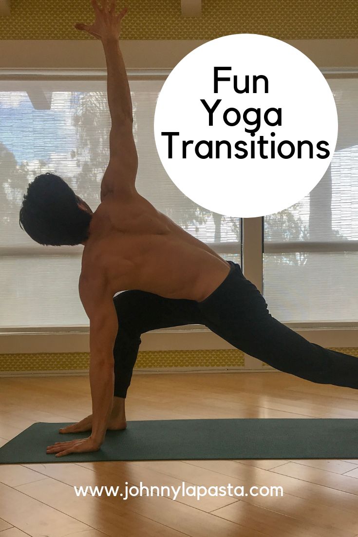 a man doing yoga poses with the words fun yoga transitions overlaying him