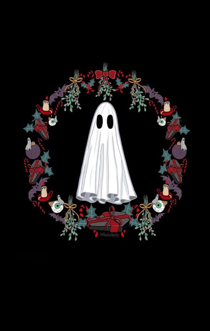 a white ghost surrounded by christmas decorations