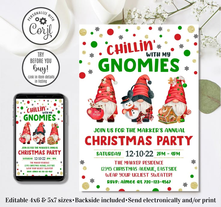 a christmas party with gnomes and snowflakes is on the table next to an iphone