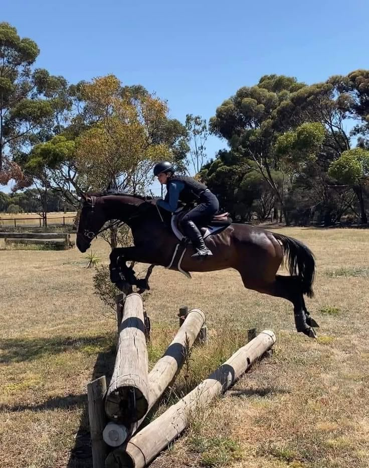 a man riding on the back of a brown horse over a wooden log fence in an open field