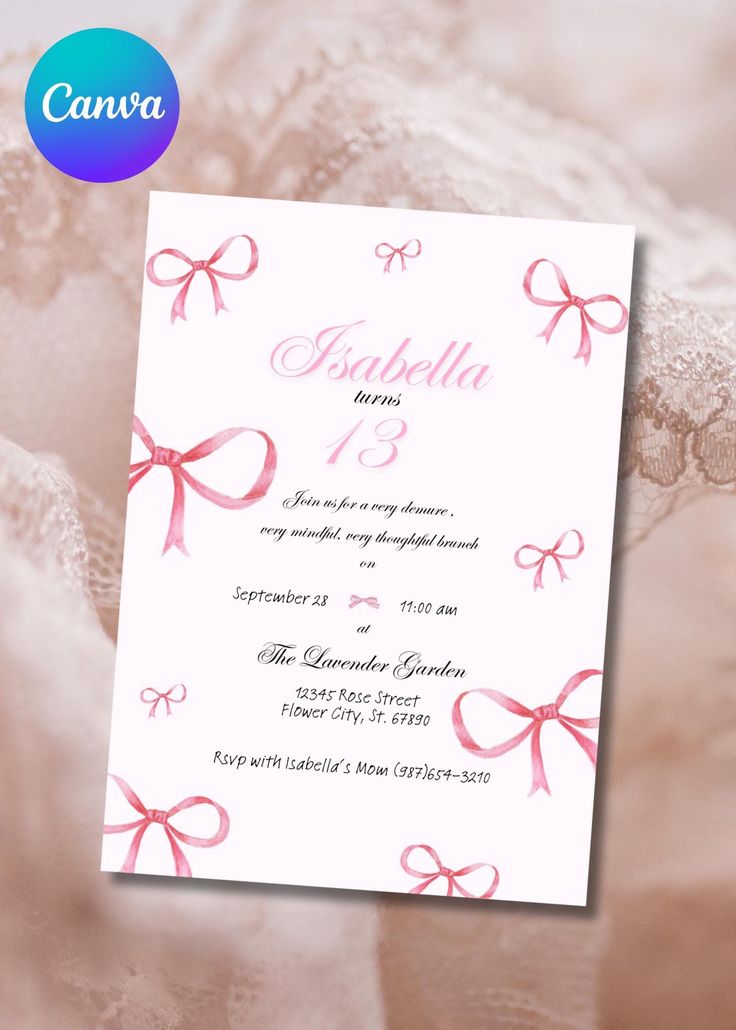 the wedding card has pink bows on it