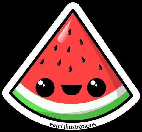 a watermelon sticker with black eyes and a smile on it's face