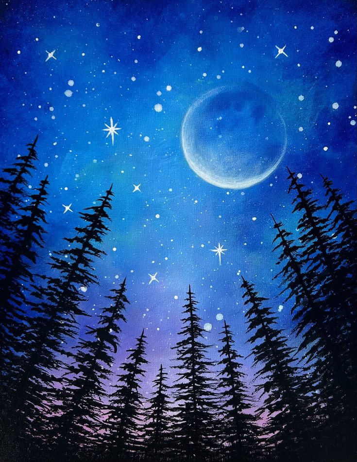 a painting of the night sky with stars and trees