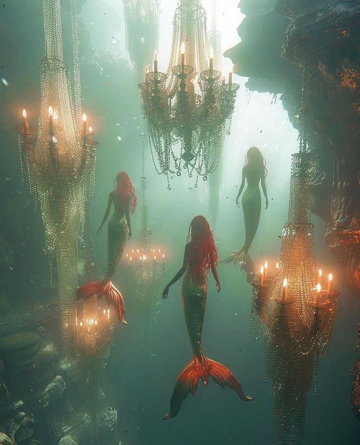 several mermaids are swimming in the water with chandeliers hanging from their heads