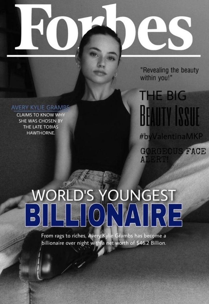 a woman sitting on top of a couch in front of a magazine cover with the title'world's youngest billionaire '