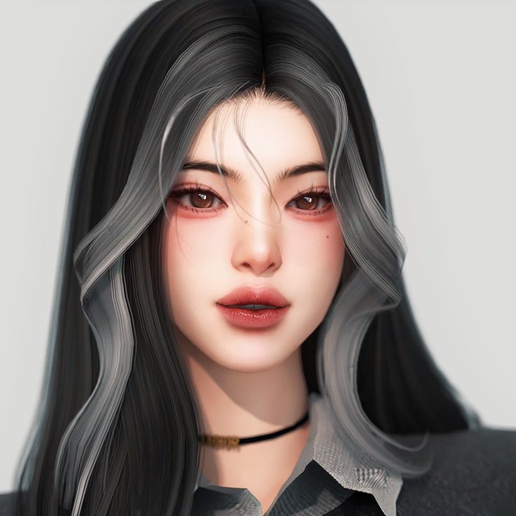 an animated image of a woman with long black hair and brown eyes, wearing a collared shirt