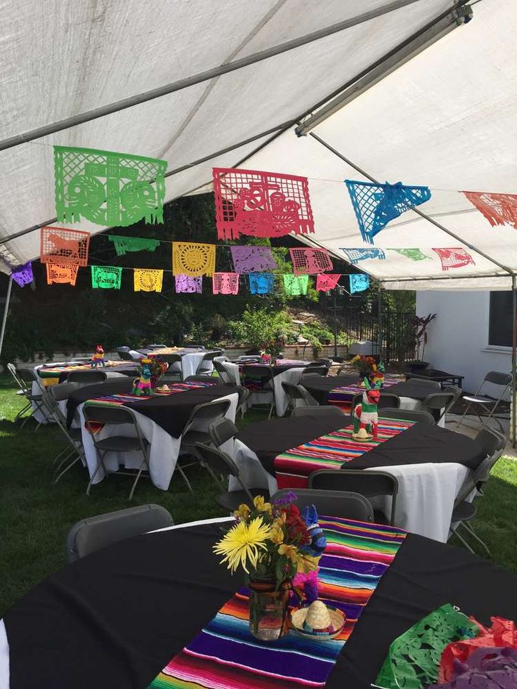 tables and chairs are set up under a tent with colorful decorations hanging from the ceiling