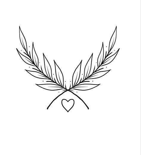 a black and white drawing of two leaves with a heart