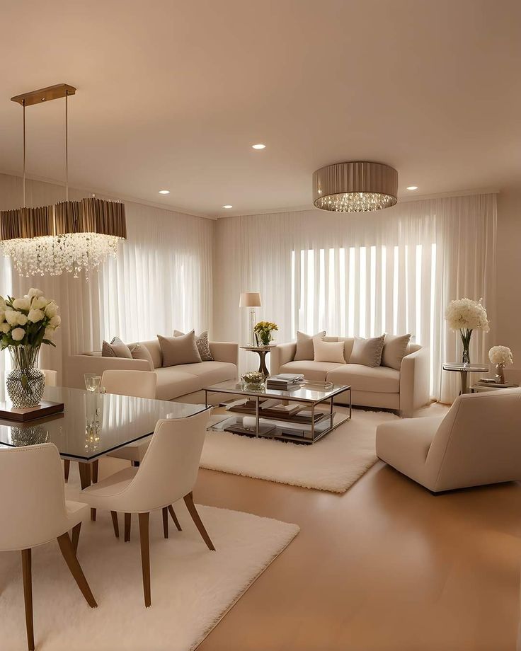 a living room filled with furniture and a chandelier above a glass top table