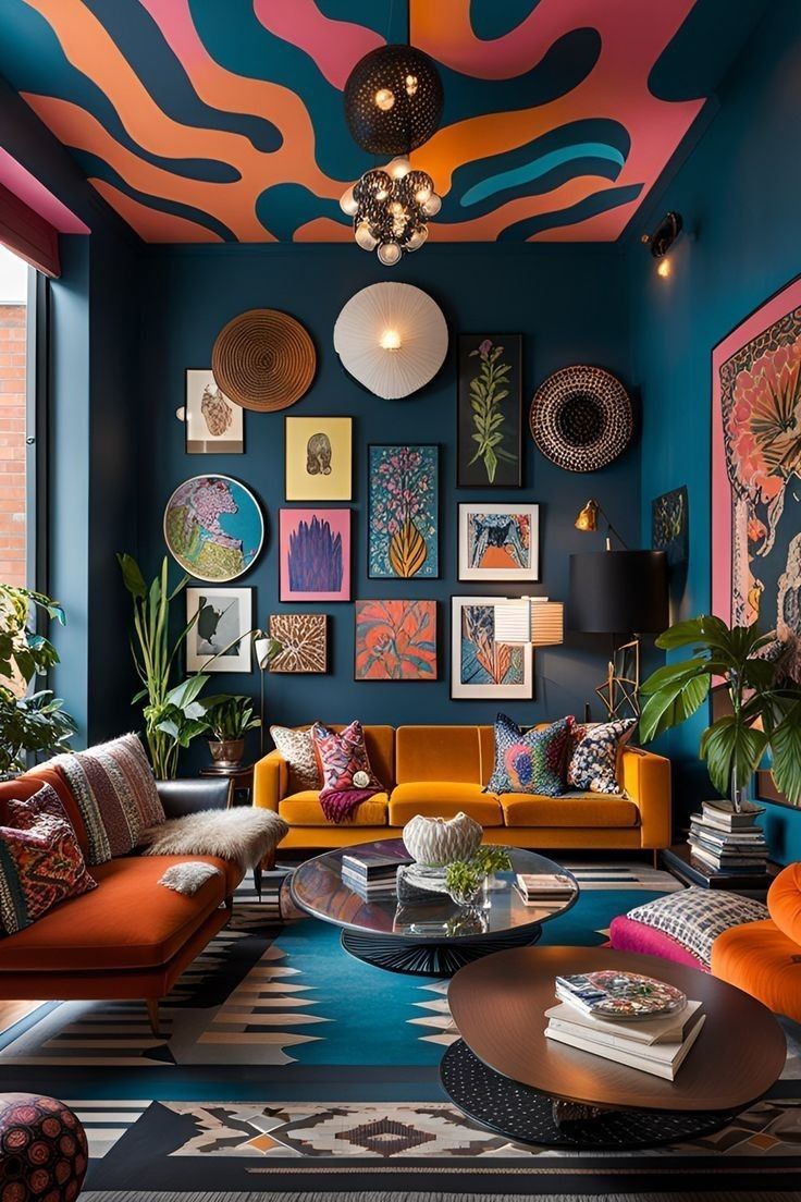 a living room filled with lots of colorful furniture