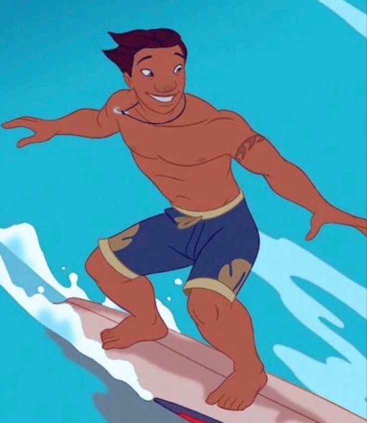 an animated man riding a surfboard in the ocean