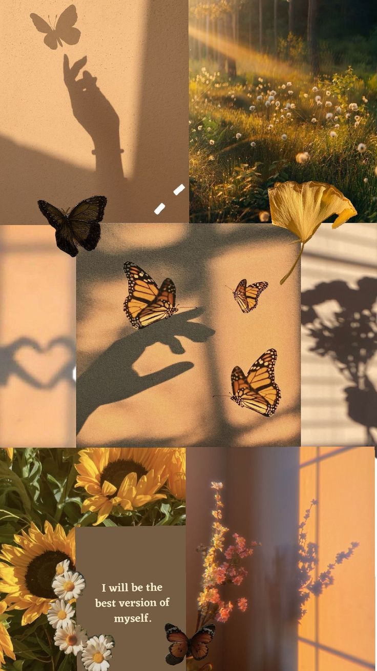 a collage of images with flowers and butterflies in the middle one has a quote on it