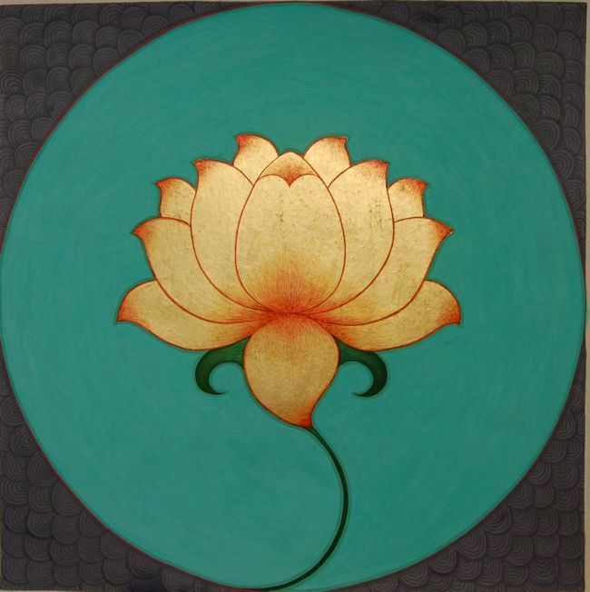 a painting of a white flower on a green background