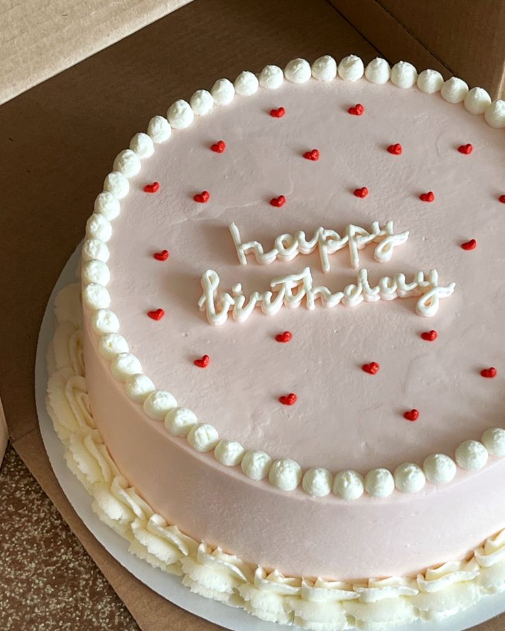 a birthday cake with the words happy birthday written on it in white frosting and red sprinkles