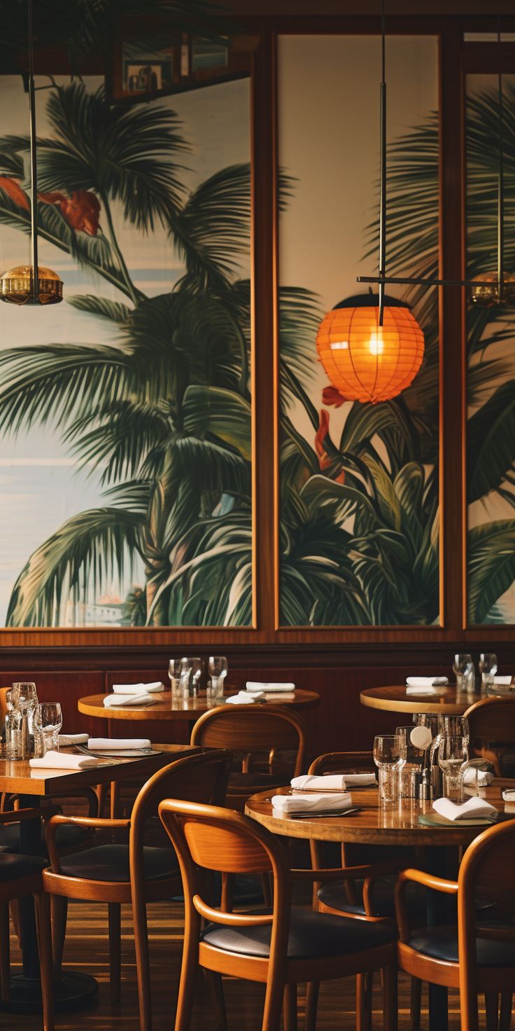 an empty restaurant with tables and chairs in front of palm trees painted on the wall