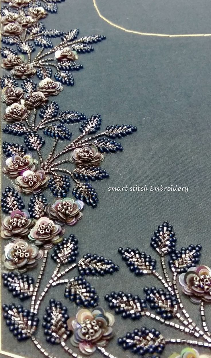 siqwens beads embroidery Handwork Beads Design, Hand Work Embroidery Suits Style, Beaded Flower Embroidery, Hand Work Design Pattern, Embroidery Designs Beads, Beads Embroidery Designs, Bead Work Embroidery, Embroidery With Beads, Sequin Flowers