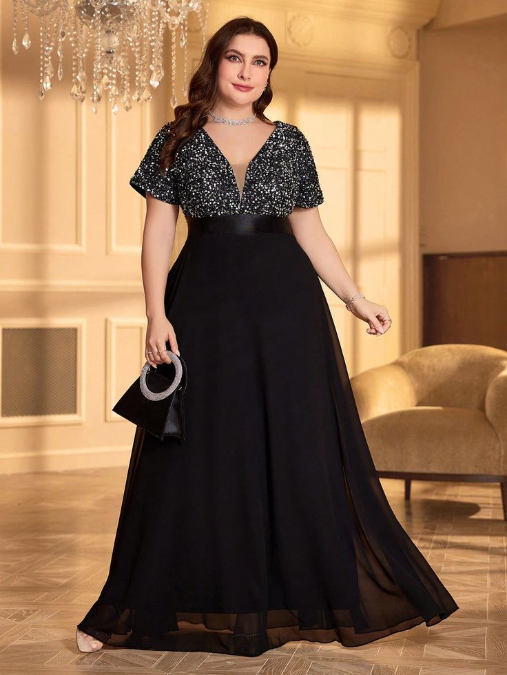 Plus Size V-Neck Sequin Patchwork Chiffon Long Formal Dress Black Elegant Evening Wedding Guest Gown, For Graduation, Dinner Black   Short Sleeve Chiffon Colorblock,Plain,All Over Print A Line Non-Stretch  Weddings & Events, size features are:Bust: ,Length: ,Sleeve Length: Long Dress Formal Plus Size A Line, Black Lace And Chiffon Dress, Long Gown Elegant Classy Plus Size, Formal Dresses For Obese Women, Full Figure Dress Formal, Plus Size Indian Gowns, Women's Plus Size Formal Dresses, Plus Size Formal Dresses With Sleeves Black, Plus Size Gowns Formal Black