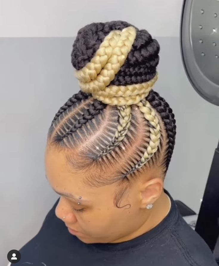 Half Up Half Down Braided Hair Styles For Black Women, Jumbo Updo Cornrow Braids, Corn Row Braids Black Women Ponytail, Feedin Braids Updo, Updo Braiding Styles For Black Women, Updo Feed In Braids, Braided Feed In Ponytail Hairstyles, Cornrow Hairstyles Updo, Feed In Braids Top Knot Bun