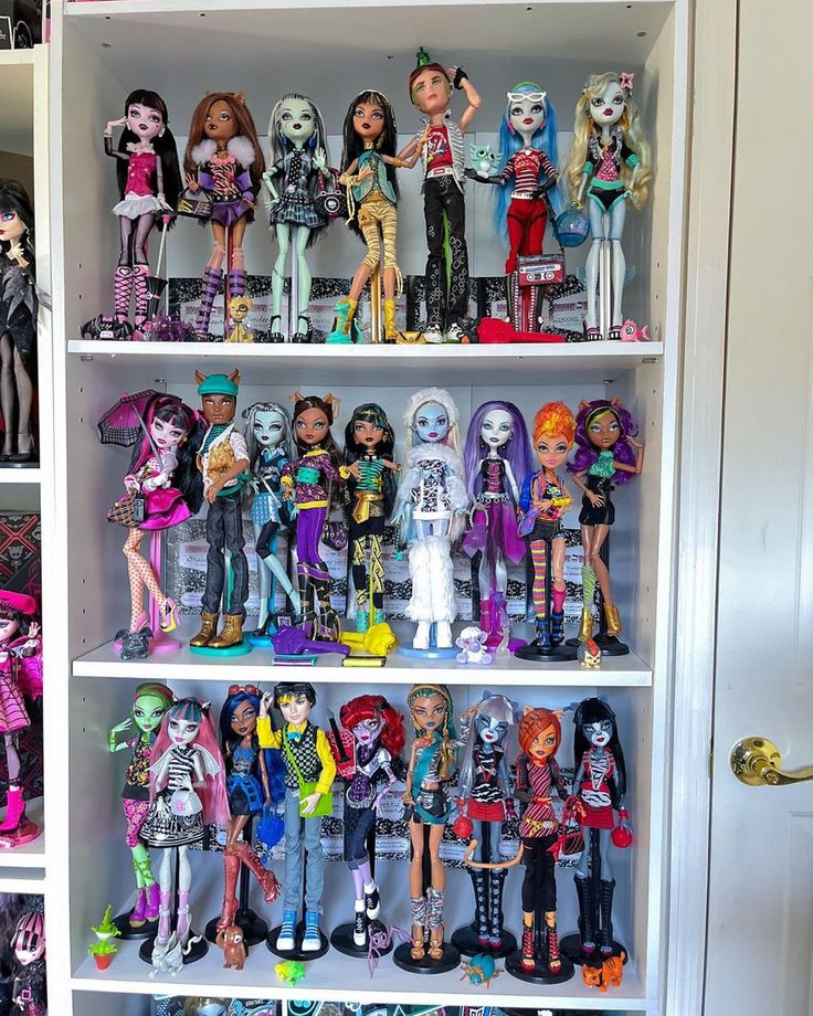 a white book shelf filled with lots of monster dolls