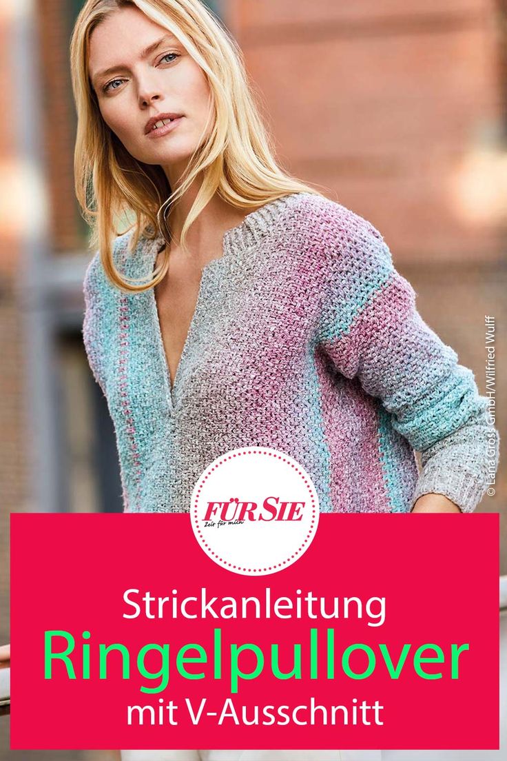 a woman in a pink and blue sweater with the words, strickling ringelpulverer mit v - ausschnitt