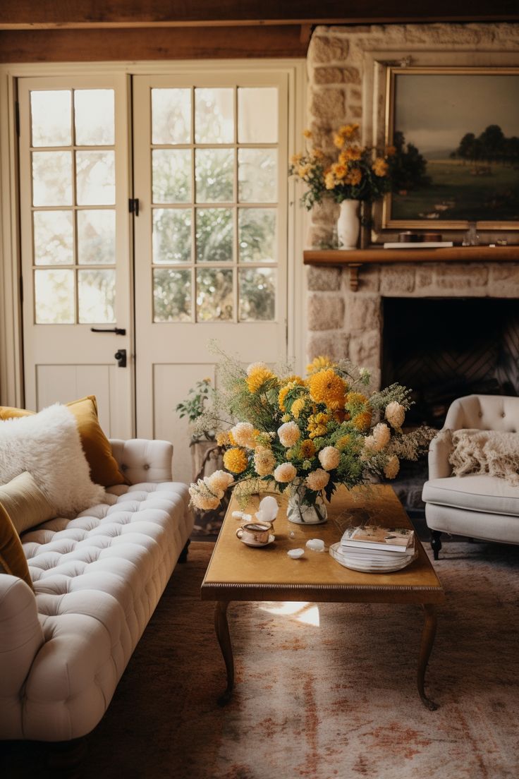 a living room with two couches and a coffee table in front of a fireplace