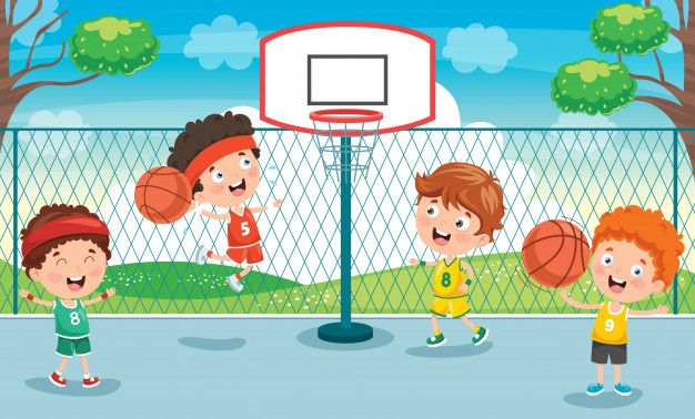 kids playing basketball on the court in front of a fence with trees and bushes behind them