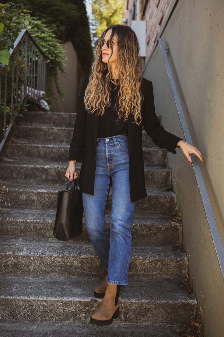 Ashley wearing a black tee, black blazer, dark Wash denim, and brown lug sole Chelsea boots Ankle Jeans Outfit, Stylish Capsule Wardrobe, Straight Leg Jeans Outfits, Jeans Outfit Winter, Jeans Outfit Fall, Balanced Living, Mom Jeans Outfit, Casual Outfit Inspiration, Effortless Beauty