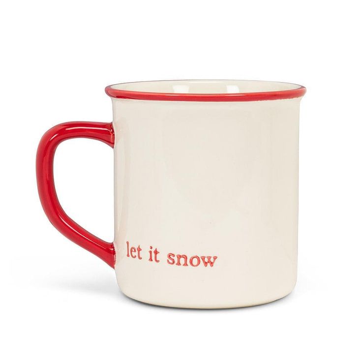 a red and white mug with the words let it snow