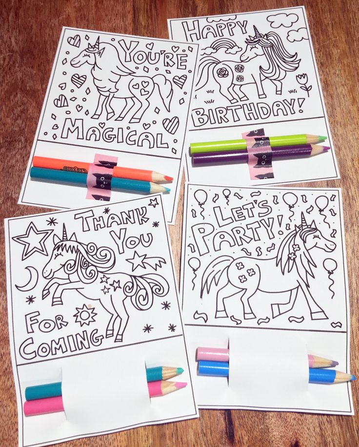 four coloring pages with pencils and markers on top of the paper that says happy birthday