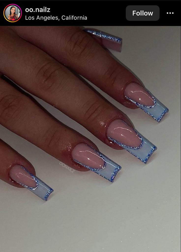 Square Shape Nail Ideas, Simple Cute Blue Nails, Blue French Tip Nails With Glitter, Birthday Nail Ideas Acrylic Medium, Y2k Winter Nails, Rod Wave Nails, Bridesmaid Nails Blue, Blue Nail Designs Almond, Red Cute Nails