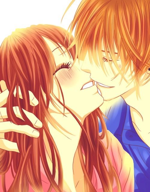 two people are kissing each other in front of a white background with red hair and blue shirt