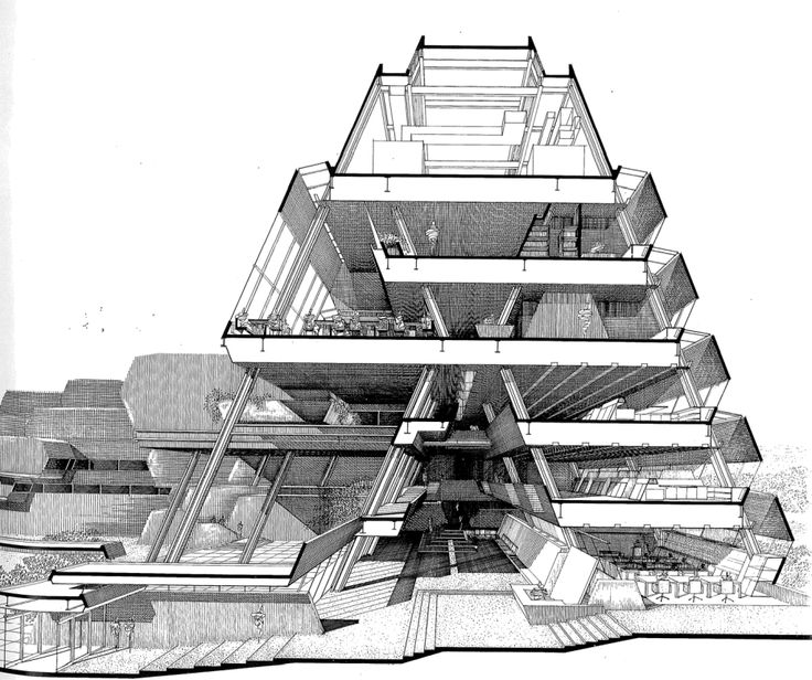 an architectural drawing of a building with multiple levels