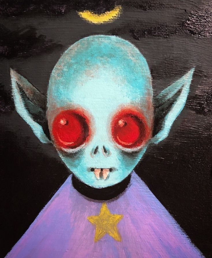 a painting of a blue alien with red eyes and stars on it's chest