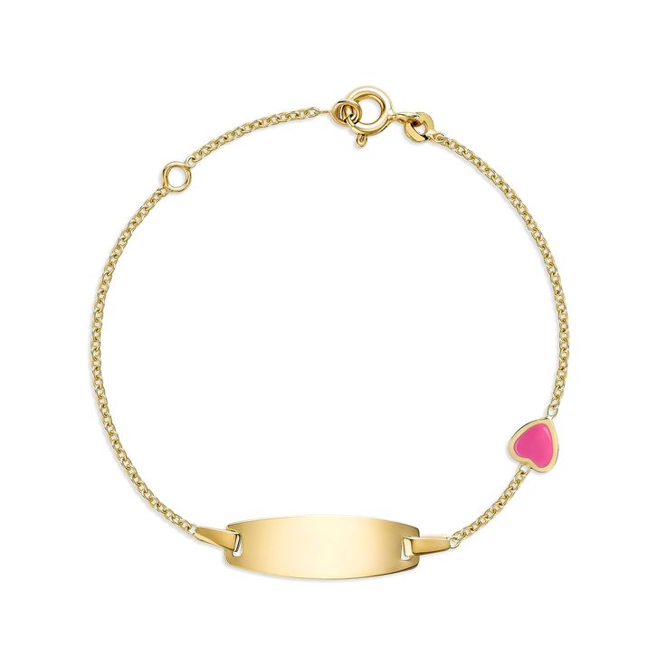 PRICES MAY VARY. GIRLS ID BRACELET - 14k yellow gold girls ID bracelet engravable with cute enamel heart charm for girls kids toddler baby color pink; Engrave and personalize this name plate bracelet with child's name and birthday FINE QUALITY - MADE IN ITALY - 14k solid gold [ not plated ] Entirely made in Italy; Great for sensitive skin GIFT READY JEWELRY - Comes in beautiful branded UNICORNJ giftbox signature packaging; Makes an exciting gift presentation and memorable gifting experience; Cer Solid Gold Baby Bracelet, Name Plate Bracelet, Experience Certificate, Name Bracelets, Gift Presentation, Babies Newborn, Gold Girl, True Value, Id Bracelets