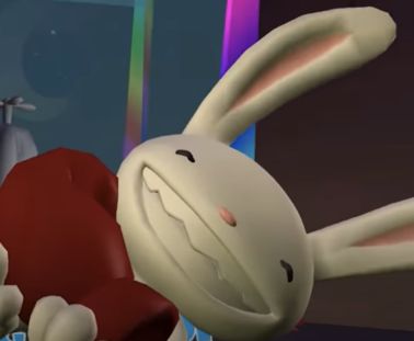 an animated rabbit is laying down on the ground