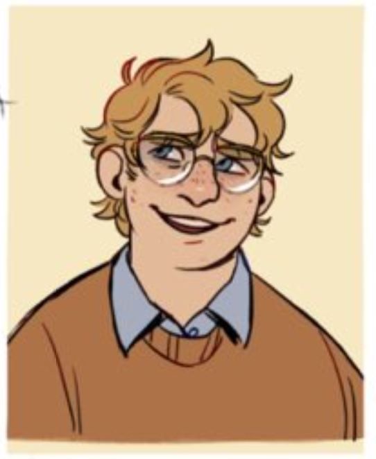 a drawing of a man with glasses and a brown sweater is smiling at the camera