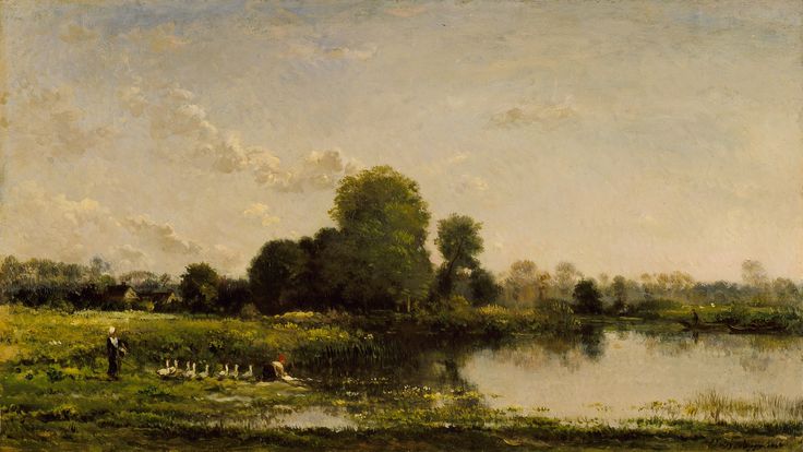 a painting of a lake with trees in the background