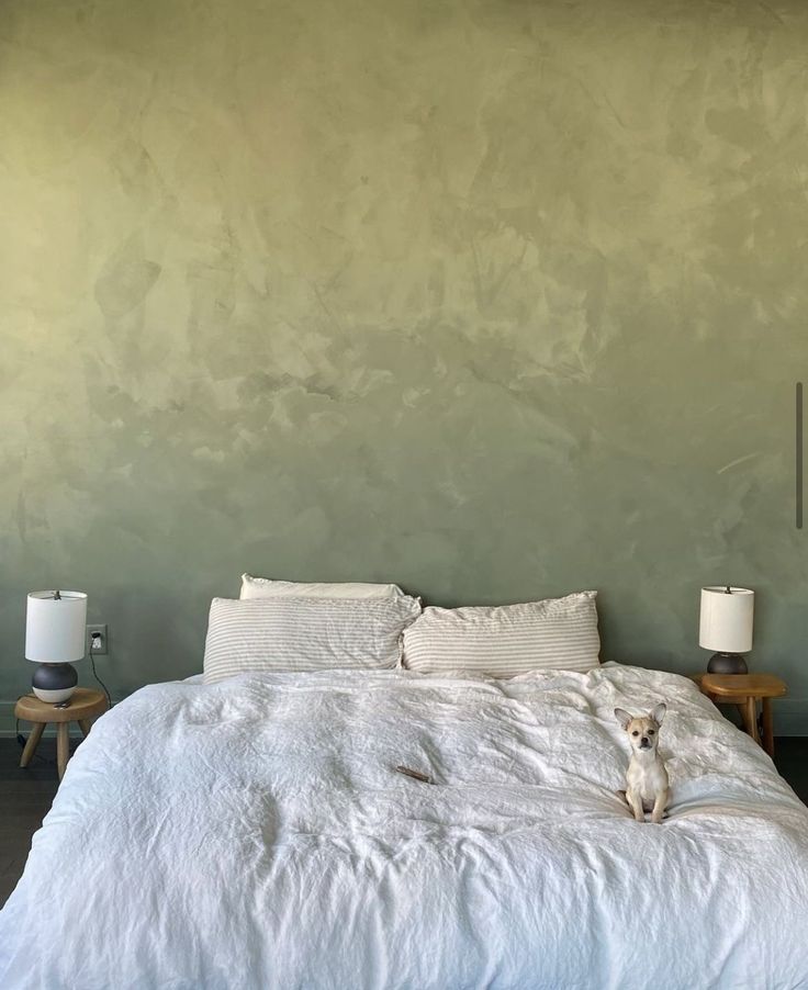 a dog sitting on top of a white bed in a room with green walls and flooring