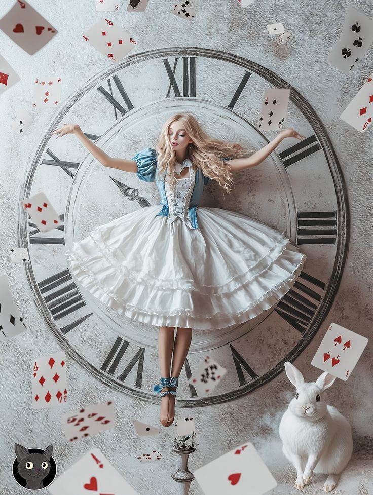 a woman in a white dress is laying on a clock with playing cards around her