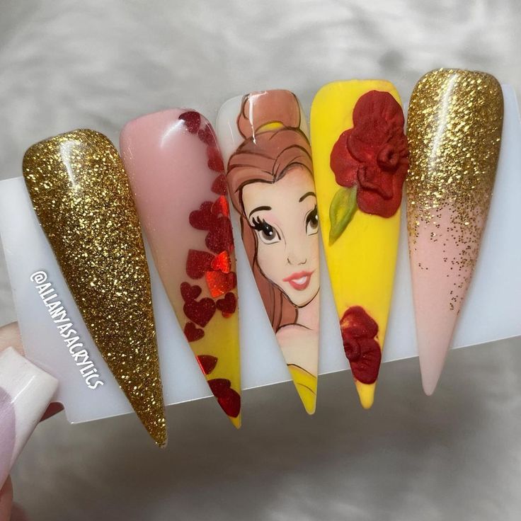 Bell Nails Princess, Beauty And Beast Nails Art Ideas, Princess Nails Disney, Beauty And The Beast Nails Acrylic, Beauty And The Beast Nails Designs, Nails Beauty And The Beast, Belle Nails Disney, Belle Inspired Nails, Disney Princess Nail Art