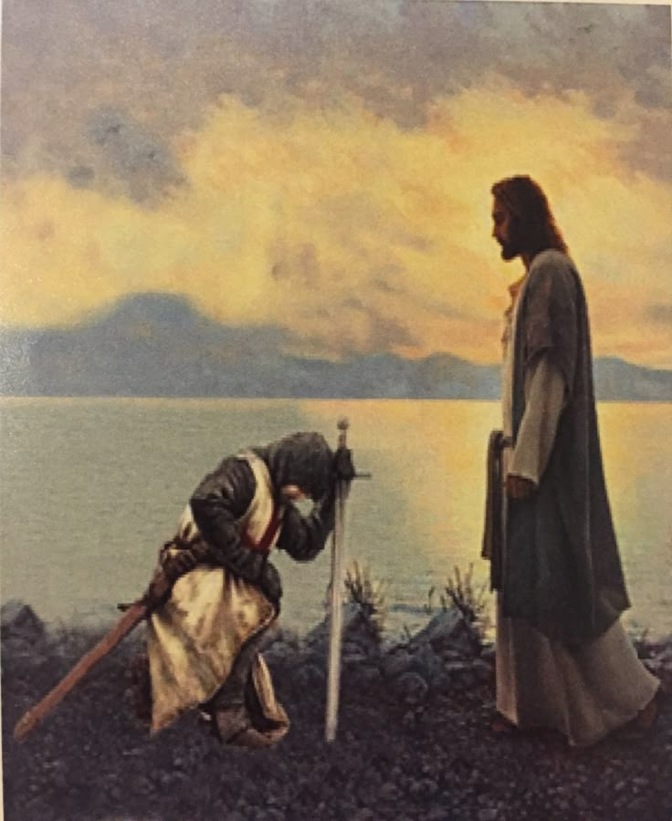 a painting of two people standing next to each other near the water with mountains in the background