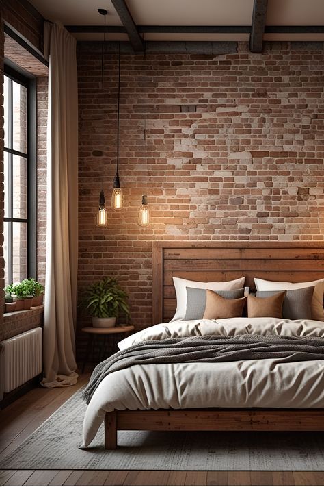 a bedroom with brick walls and wooden bed frame in the center, along with two hanging lights