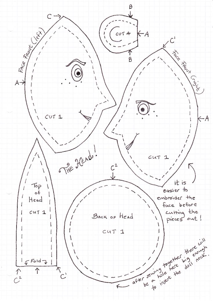 the paper doll's head is cut out and ready to be sewn