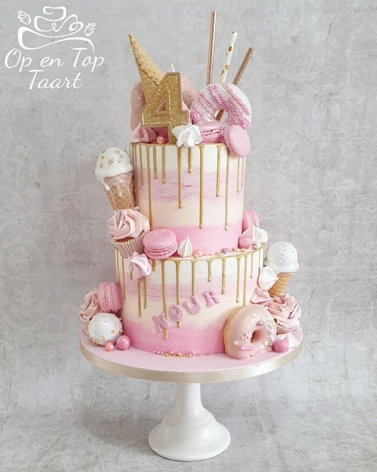 a three tiered cake with pink frosting and gold sprinkles