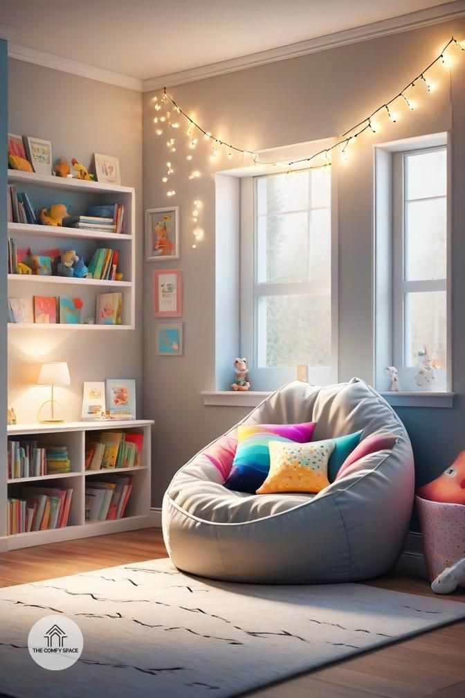 a child's room with a bean bag chair, bookshelf and lights